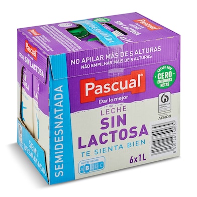 Leche semidesnatada sin lactosa Pascual pack 6 x 1 L-0