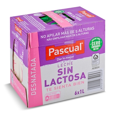 Leche desnatada sin lactosa Pascual pack 6 x 1 L-0