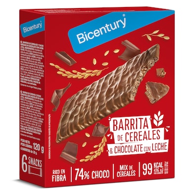 Barritas de cereales y cacao bañadas en chocolate con leche Bicentury 120 g-0