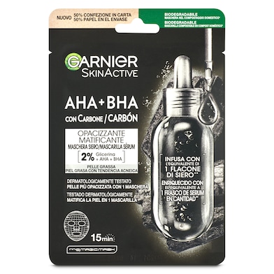 Mascarilla facial AHA + BHA con carbón activo Garnier 1 unidad-0 Mascarilla facial AHA + BHA con carbón activo Garnier 1 unidad-0