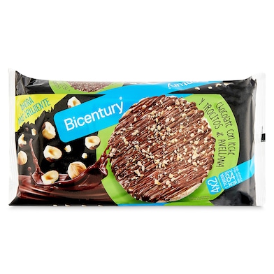 Tortitas de arroz con chocolate con leche y avellanas Bicentury 142 g-0 Tortitas de arroz con chocolate con leche y avellanas Bicentury 142 g-0