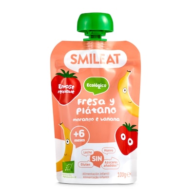 Alimento infantil con puré de fresa y plátano Smileat 100 g-0 Alimento infantil con puré de fresa y plátano Smileat 100 g-0