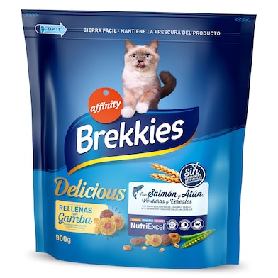 Alimento para gatos con salmón y atún rellenas de gamba Brekkies Delicious 900 g-0