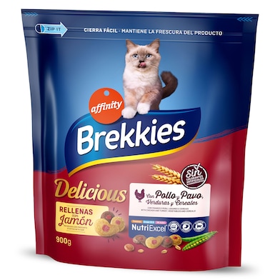 Alimento para gatos con pollo y pavo rellenas de jamón Brekkies Delicious 900 g-0 Alimento para gatos con pollo y pavo rellenas de jamón Brekkies Delicious 900 g-0