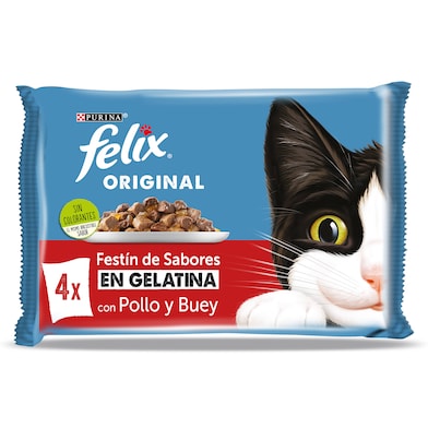 Alimento para gatos en gelatina con pollo y buey Felix 4 x 85 g-0 Alimento para gatos en gelatina con pollo y buey Felix 4 x 85 g-0