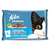 Alimento para gatos en gelatina atún y salmón Felix 4 x 85 g