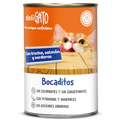 Alimento para gatos bocaditos con trucha, salmón y verduras Dia Deligato 400 g-0 Alimento para gatos bocaditos con trucha, salmón y verduras Dia Deligato 400 g-0