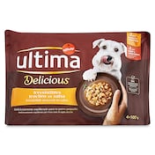 Alimento húmedo para perros mix con pollo y buey Ultima 4 x 100 g
