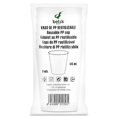 Vaso reutilizable de 515 ml Betik 6 unidades-0 Vaso reutilizable de 515 ml Betik 6 unidades-0