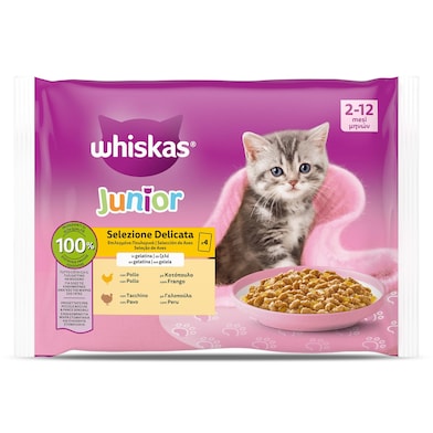 Alimento para gatos junior aves en gelatina Whiskas 4 x 85 g-0 Alimento para gatos junior aves en gelatina Whiskas 4 x 85 g-0