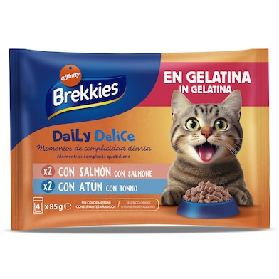 Alimento para gatos en gelatina atún y salmón Brekkies 4 x 85 g-0 Alimento para gatos en gelatina atún y salmón Brekkies 4 x 85 g-0